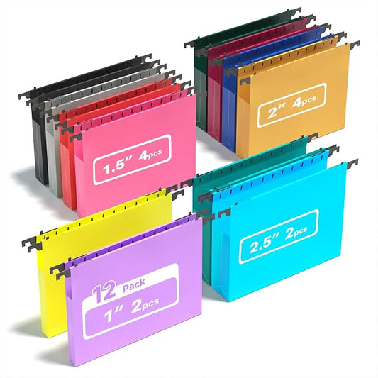 Ansook 12 Pack Plastic Hanging File Folders, Heavy Duty Letter Size Hanging Folders with Tabs, 2 x 1", 4 x 1.5", 4 x 2", 2 x 2.5", Hanging Files for Office and Document Organization, Assorted Colors
