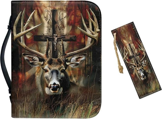 Leather Bible Cover for Men, Brown Bible Carrying Book Case Church Bag with Bookmark Bible Protective with Handle,Christian Gifts,Gothic Deer Cross,Large
