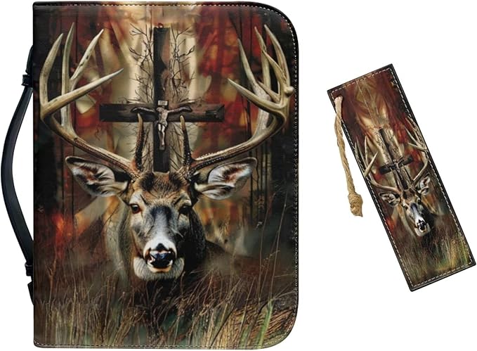 Leather Bible Cover for Men, Brown Bible Carrying Book Case Church Bag with Bookmark Bible Protective with Handle,Christian Gifts,Gothic Deer Cross,Medium