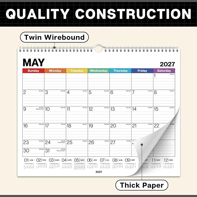 Dunwell 12x15 Wall Academic Calendar 2026-2027 (Colorful), Use July 2026 to December 2027, Large Lined 12 x 15 Monthly Hanging Calendar, Professional Styling for Home Office or School, Premium Paper