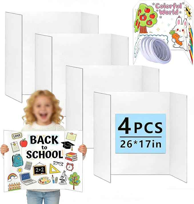 KISOY 4 PCS 26" x 17" Trifold Poster Board,White Display Board for School Projects and Presentations (4, 26 x 17 Inches)