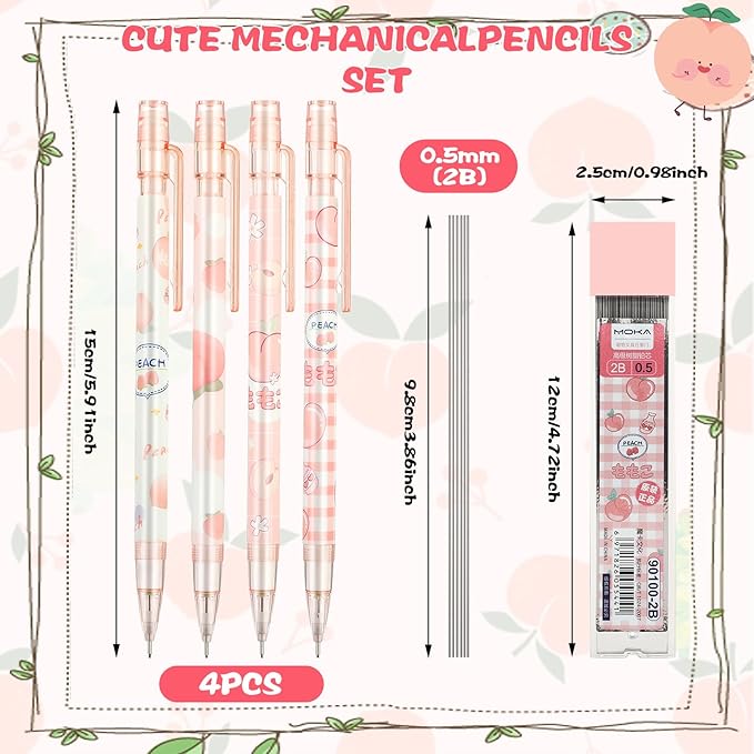 Mabor Pink Mechanical Pencils Set, 4pcs Cute Mechanical Pencils with A Tube of 0.5MM Pencil Refills & Top Erasers Aesthetic School Supplies Back to School Gift