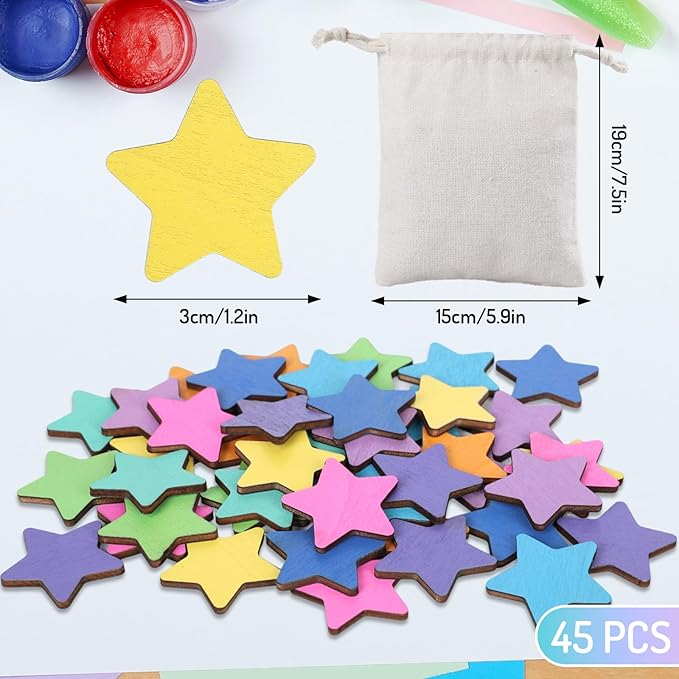 JarThenaAMCS 45Pcs Star Extra Tokens for Reward Jar Colorful Star Shape Wooden Cutouts with Linen Pocket 9 Colors Wooden Tokens for Back to School Student Teacher Classroom Supplies