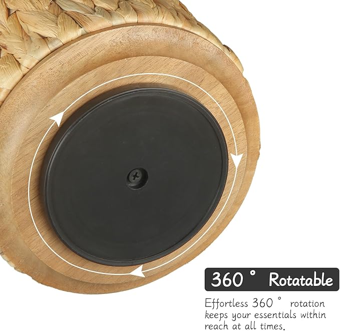360 Swivel TV Remote Control Holder, Woven Water Hyacinth Desk Organizer, Rattan Pen Holder for Table, Boho Spinning Wicker Caddy for Art Supplies, Stationery, Office Living Room Bedside Decor