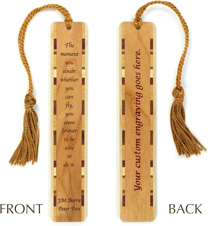 Peter Pan Quote Personalized Wooden Bookmark | J.M. Barrie Inspirational Literary Quote Gift for Readers | Handmade Wood Bookmark with Copper Tassel | Made in the USA