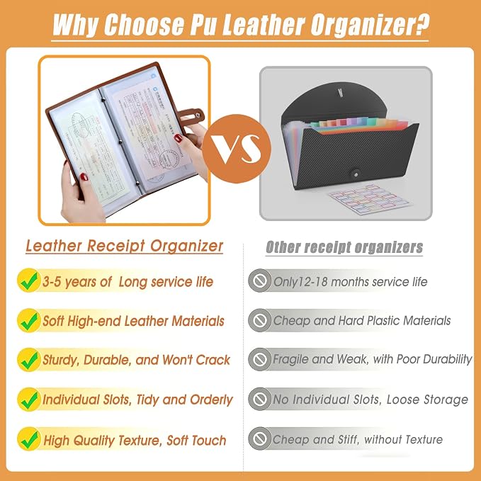 Leather Receipt Organizer, Portable Receipt Holder for Travel, Daily Coupon Organizer with 20 Pockets and 12 Card Slots to Keep Receipts and Coupons Organized, Prevent Loss and Damage (Brown)