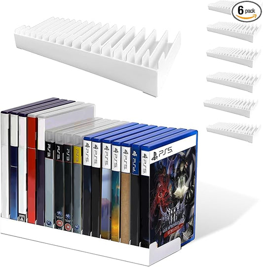 6 Pack Video Game Storage Holder for PS5/PS4/PS3/PS2/Xbox One/Xbox 360/Xbox Series X/S/Wii/Switch/Switch 2 Game Cases, 16-Disc Capacity DVD & Blu-Ray Organizer Stand for Desk (White)