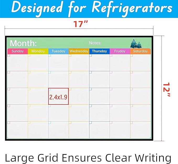 Magnetic Fridge Dry Erase Calendar, Large White Board Calendar for Refrigerator,17x12 inch for Family Schedule,Monthly Planner, Chores,with Strong Magnet Back,Markers