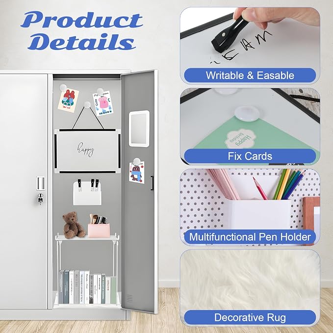 12 Pcs Locker Organizer and Decorating Kit, First Day of School Essentials,Back to School Essentials Locker Decoration, Print Whiteboard with Markers Plush Area Rug String Mirror Magnetic Cup