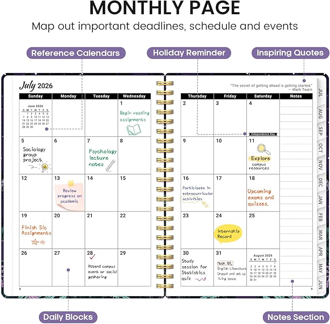 Planner 2026-2027, Academic Monthly and Weekly Calendar Planner for Women, July 2026 - June 2027, Hardcover Pretty Agenda Planner Book with Tabs, Spiral Daily Organizer for School Office Home Supplies, 6.3" x 8.5" - Enchanted Fungi