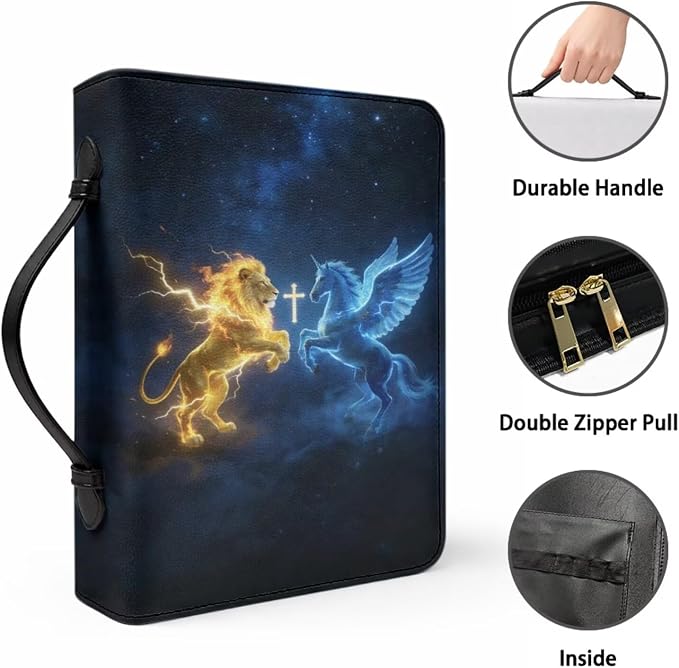 Leather Bible Cover Case for Men PU Bible Case with Bookmark Church Bag Book Carrying Case Pegasus Lion Cross Print Bible Covers
