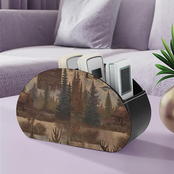 Rustic Lodge Bear Moose Remote Control Holder Desk Storage Organizer Box PU Leather Remote Caddy with 5 Compartments Fashionable Pen Storage Box Modern Desktop Organizer