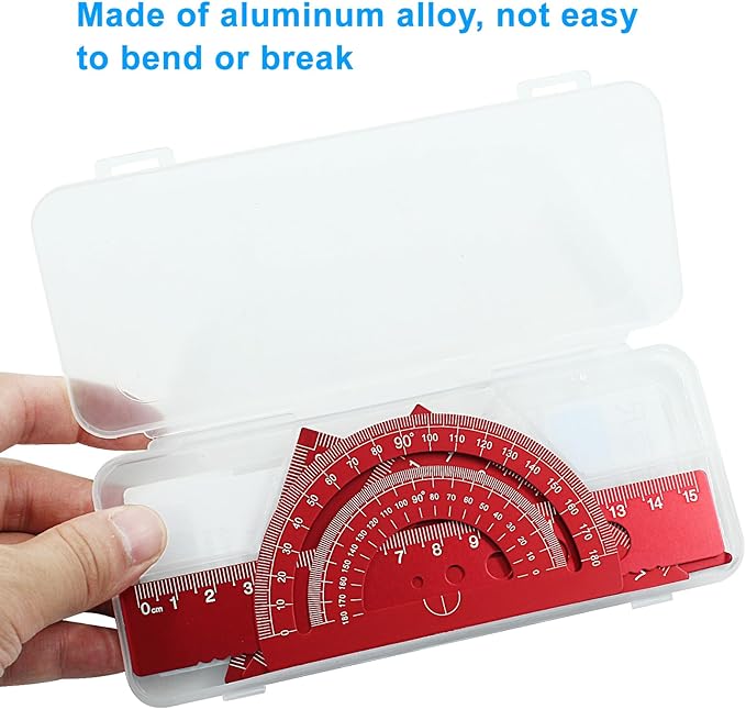4 Pcs Triangular Ruler Set, Aluminum Alloy Geometry Tools, Metal Drafting Ruler for Students, Draftsmen, Engineers, School Office Supplies with Protractor & Metric Scales (Red)