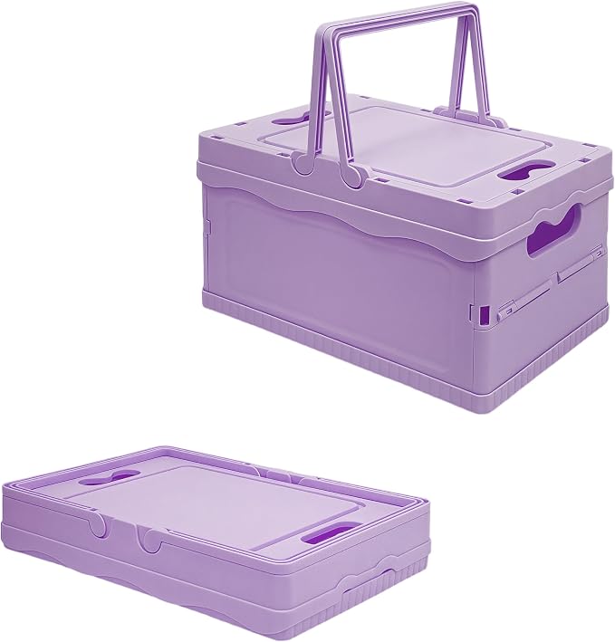 Tixill Small Collapsible Storage Crates, Foldable Plastic Baskets with Lids and Handles for Organizing, Mini Stackable Bins for Home Kitchen Bedroom Bathroom Office (12 * 8 * 7InPurple)