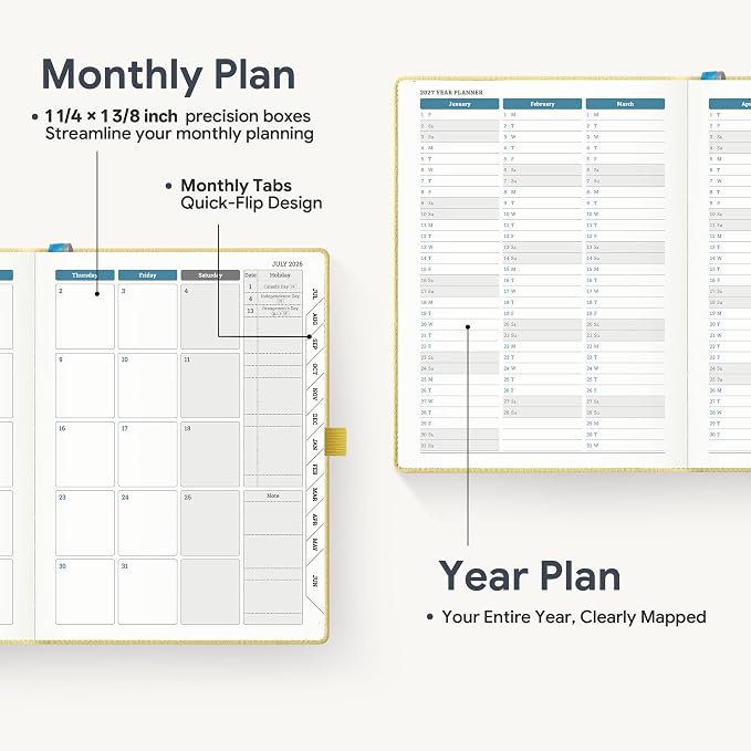 Weekly Planner 2026-2027 A5 (6.5" x 8.5") 12 Months (Jul'26 - Jun'27) Weekly & Monthly Planner with Month Tabs & Inner Pocket, Expenses/Note Pages, PU Leather Yellow