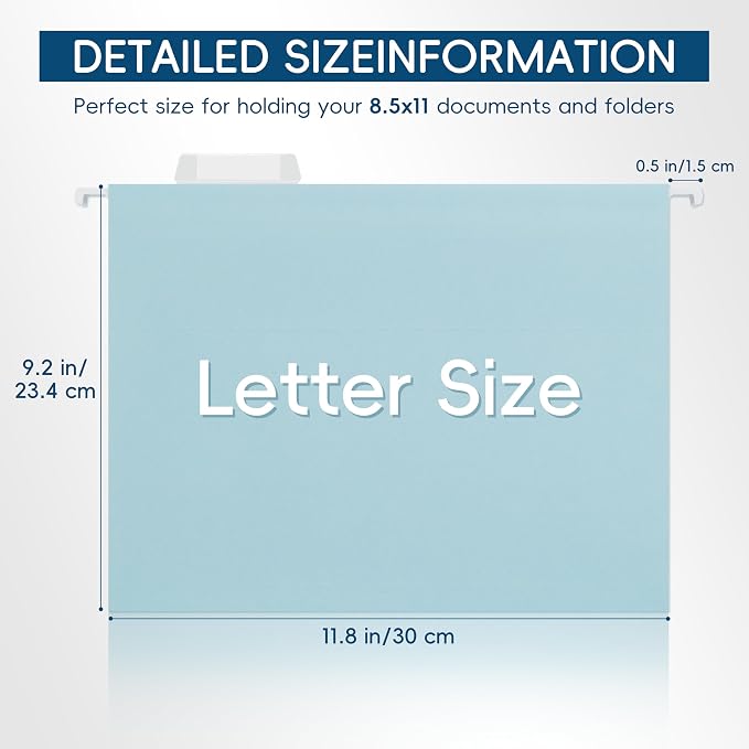 Light Blue Hanging File Folders,25 Pack Letter Size File Folders with 1/5-cut Tabs,Office Essentials for Filing Cabinet & Desk Storage