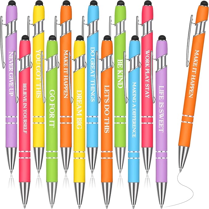 Zonon 12 Pcs Inspirational Pens Gift Set Funny Ballpoint Pen with Stylus Tip Motivational Graduation Gifts Bulk for Teacher Coworkers Nurse School Office Supplies(Pastel Colors,Classic Style)