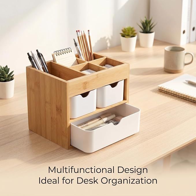 Bamboo Office Desk Organizer with 3 Drawers Wood Makeup Organizer Dresser Cosmetic Box Organizer for Home with Adjustable Dividers