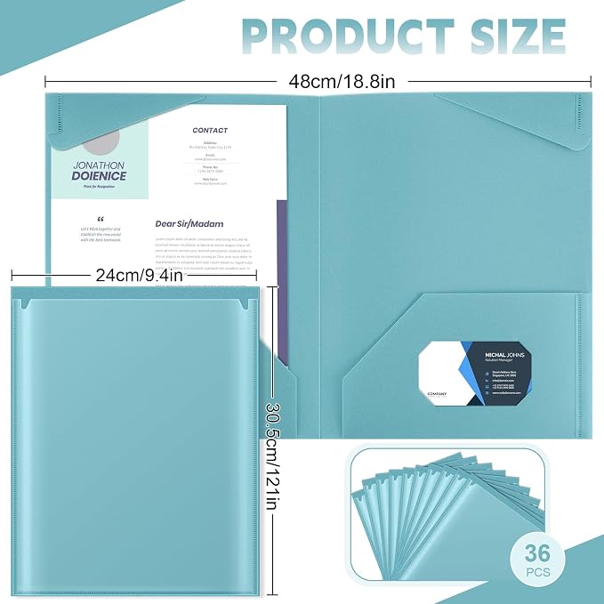 Henoyso 36 Pack Sapphire Blue Plastic Folders with Clear Front Pockets Heavy Duty File Folders with 2 Pockets and Card Slot for Student Communication School Office Presentation Report