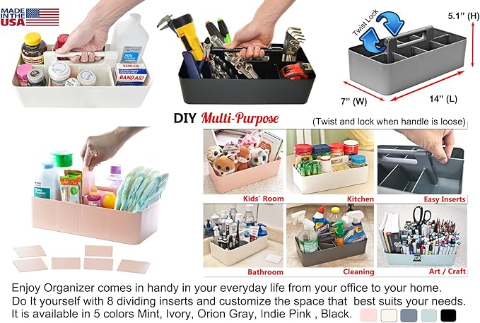 -Large Portable Caddy, DIY Dividers, 8 Compartments, School Office Supplies Home Business Organizer,Portable Basket with Handle Storage Organizer Modern Made in USA (6 PACK, Black)
