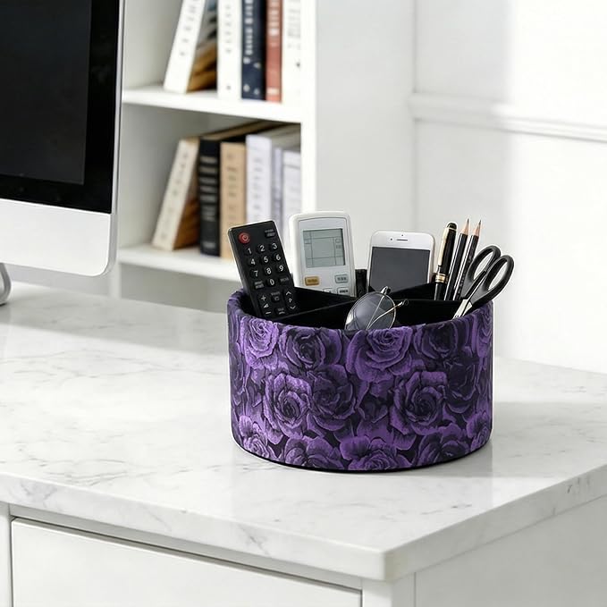 Remote Control Holder, 360°Spinning PU Leather Desk TV Remote Caddy,Desk Storage Box Room Accessories for Controller, Media,Mail,Calculator, Mobile Phone,Pencil(1-B3D Purple)