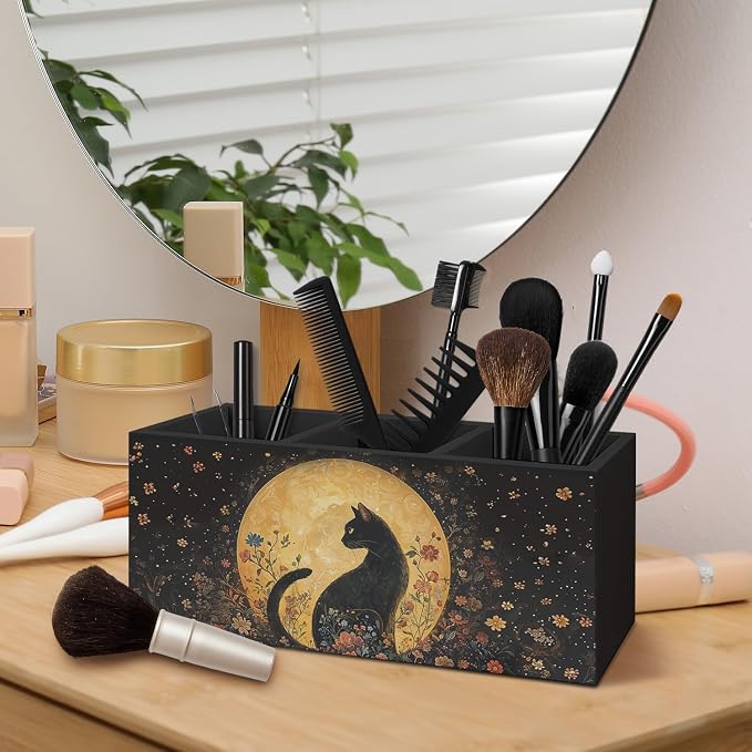 Witchy Black Cat Pen Holder for Home Office Desk, Cat Lover Gifts, Witchy Moonlight Floral Black Cats Makeup Brush Toothbrush Holder Organizer for Bathroom Desk Accessories