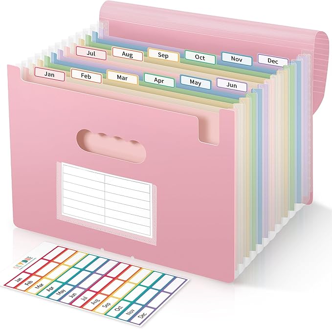 SKYDUE 13-Pocket Expanding File Folder, Accordion Document Organizer with Monthly Labels, A4 & Letter Size for Tax Records, Medical Files, Receipts, Home Office Use Pink
