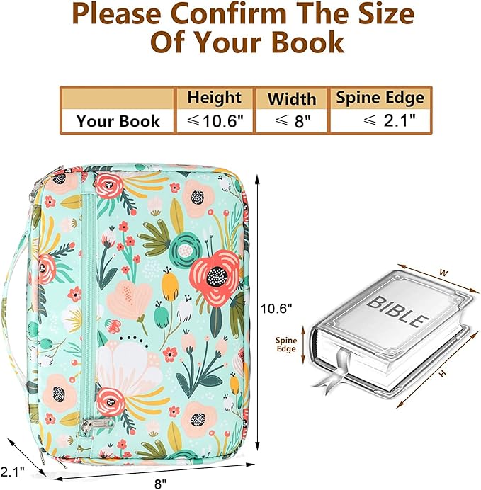 Octsky Bible Covers Bible Case for Women Bible Book Carrying Bag Scripture Case Church Bag Bible Protective with Handle Pockets Zippered Pocket (Green-Floral)