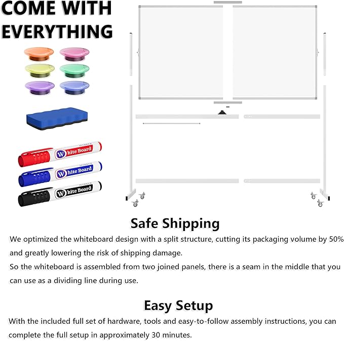 Large Rolling Whiteboard on Wheels, 72" x 40" Double-Sided Mobile White Board with Stand, Portable Standing Magnetic Dry Erase Board Easel for Home Office Classroom School, Silver