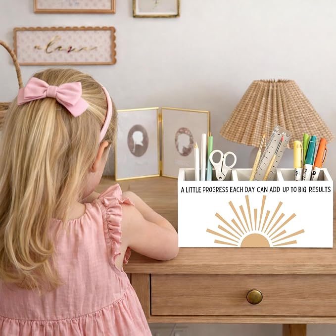A Little Progress Each Day Desk Organizer, 3 Compartment Wooden Pencil Holder, Cute Motivational Desk Storage Box for Pens, Pencils, Scissors, Ruler, Office Supplies, Home, Classroom