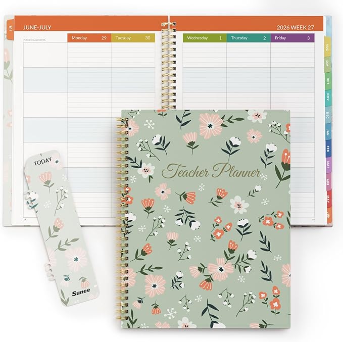 SUNEE Teacher Planner 2026-2027 Academic Year, 7 Periods Lesson Plan Book Jul 2026 - Jun 2027, 8.5"x11" Weekly Monthly Organizers Vertical Layout with Calendars, Bookmark, Waterproof Cover, Wildflower