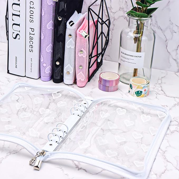 Mogoostry A5 Zippered Binder Cover Clear PVC Zipper Binder Folder Lace Decor 6-Ring Loose-Leaf Notebook Planner Organizer (White)