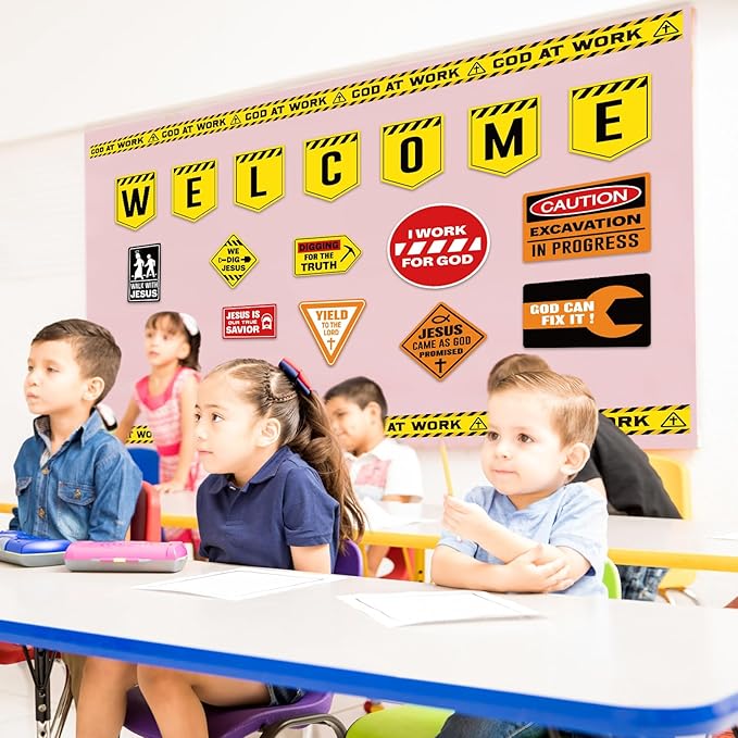Harloon 67 Pcs Christian Construction Classroom Decorations Religious Welcome Bulletin Boards Cutouts Road Trip Signs for Elementary Preschool Motivational Scripture Construction Supplies VBS Decor
