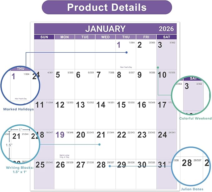 2026 Yearly Wall Calendar - 2026 Calendar, 2026 Wall Calendar 12month, Jan. 2026 to Dec. 2026, 34.2" x 22.8" (Open), Vertical, Thick Paper, Double-sides Round Stickers, Holidays & Julian Dates