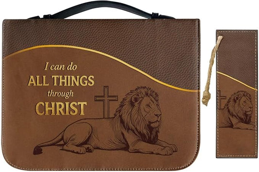 Vintage Style Cross Bible Case with Bookmark Waterproof Bible Cover Case for Women Lightweight Bible Bag with Handle Pockets Church Book Bag Brown
