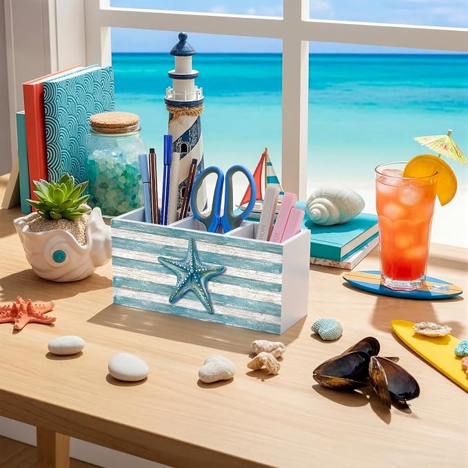 Feifeiya Starfish Coastal Pen Holder for Desk Lake House Nautical Beachy Wooden Box Sign Desk Decor Starfish Pencil Organizer Ocean Beach Lovers Gifts for Home Office Tabletop Shelf Decoration