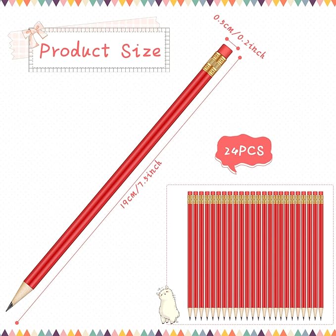 Outus 24 Pieces Round Pencils HB Graphite Pencils Wood Pencils with Eraser Cute Pencil Pack for School Drawing Sketching Wedding Office Supplies(Red)