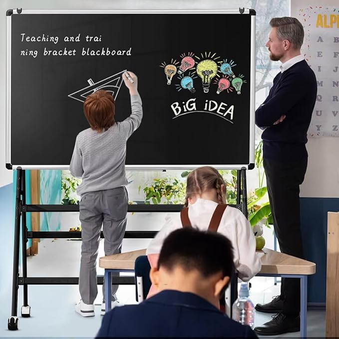 Magnetic Double-Sided Rolling Dry Erase Blackboard with Stand Height & Width Adjustable, A-Frame Foldable Stand Black Board on Wheels, 48 x 36 Mobile Standing Whiteboard(Black)