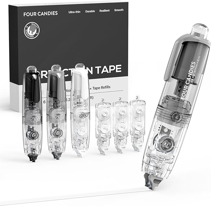 Four Candies Refillable Retractable White Correction Tape, 3PCS White Cute Smooth Push Pull Out Tape with 3 Extra Refills, Aesthetic Pen Shaped Applicator for School Office Supplies