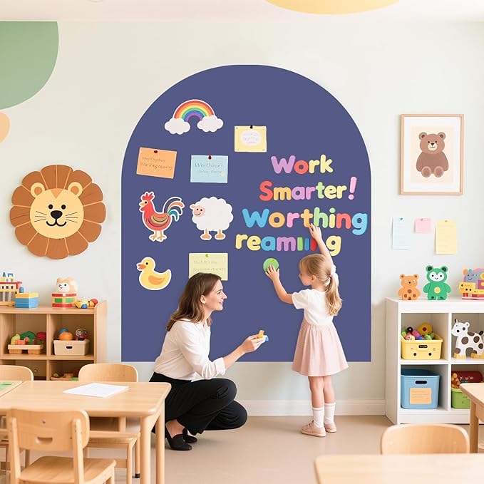 Magnetic Wall Decal for Kids 40x32 Inch Self Adhesive Magnetic Board Play Wall Dusty Blue Magnet Chalkboard for Wall with Letters and 12 Color Liquid Chalk for Playroom Home Office School