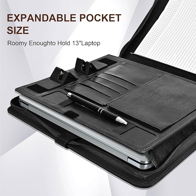 Leather Portfolio for Men, Christian Religious Gifts for Men with Laptop Pocket, Padfolio Binder Folder with Zipper for Women, Business Large Organizer Case for Bible Notebook Notepad Phone (Black)