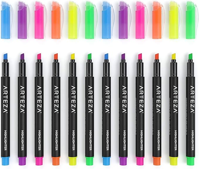 ARTEZA Highlighters – Set of 60 Assorted Neon Colors with Narrow Chisel Tips, Quick-Dry Ink for School, Office, Journaling & Note-Taking