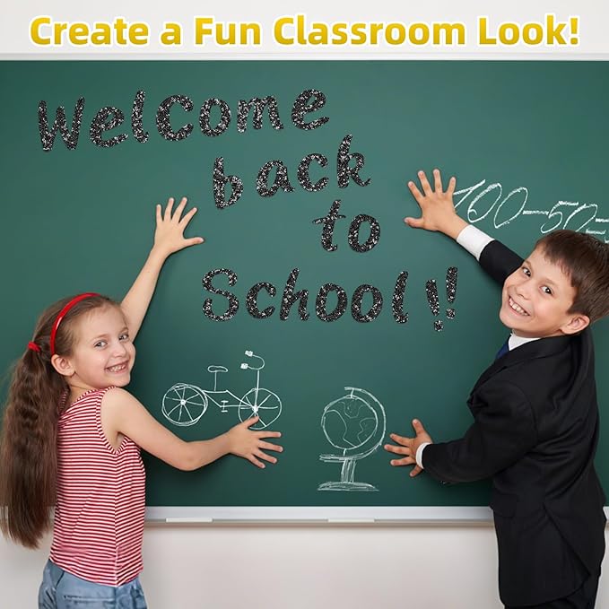 273 Pcs 4 Inch Glitter Bulletin Board Letters Set - Poster Board Letter Cutouts with Alphabet, Symbols, Numbers, Storage Bag - Classroom Decor, DIY Projects, Teacher Supplies, Office (Black)