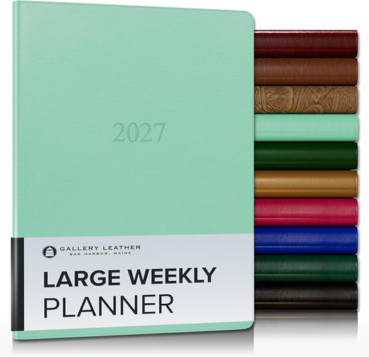 Gallery Leather Large Weekly Monthly Planner 2027, Elegantly Bound Calendar Planner and Notebook with Stylish Gold-Gilded Page Edges, 12 Months - Caribbean Sea Glass - 9.75x7.5"