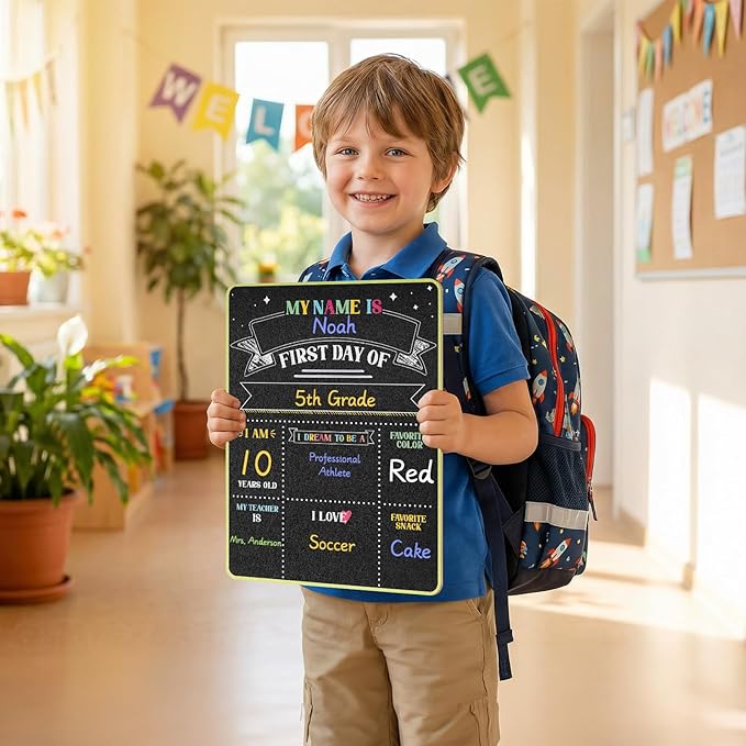 First & Last Day of School Sign - 11x14 Double-Sided Reusable Chalkboard with 7 Chalk Markers - Photo Prop Keepsake Gift for Kids Preschool Kindergarten 1st-5th Grade Back to School