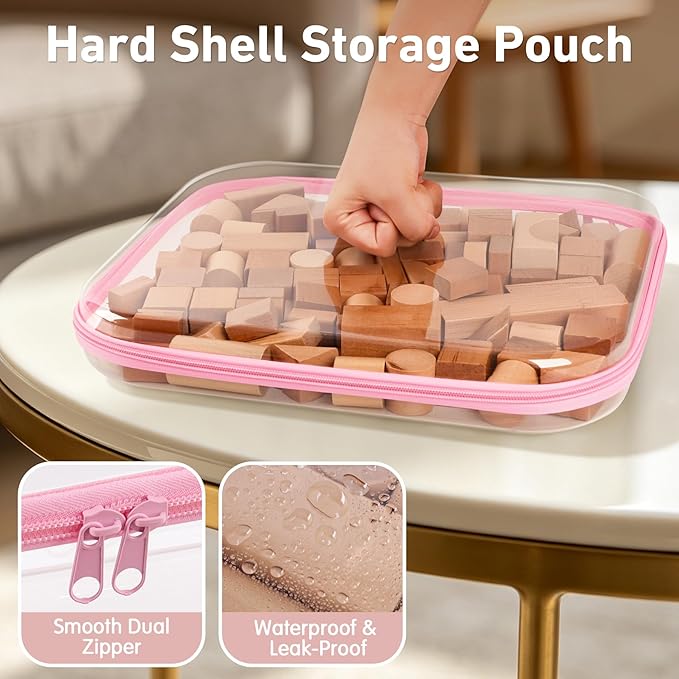 3 Pack Extra Large Clear Hard Shell Zipper Case with Labels, Crush Proof Plastic Storage Bins for Home Organization, Hard Case for Board Games Puzzles Toys Stationery Makeup A4 Documents, Pink
