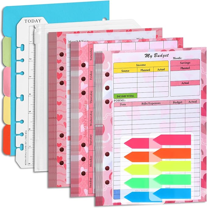 Toplive 7 Pack A5 Planner Inserts Monthly Weekly Planner Refills Paper 6 Ring Expense Budget Sheets with Cash Envelopes Divider Ruler Stickers, for A5 Planner Binder Cover, Pink Heart