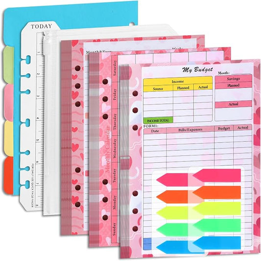 Toplive 7 Pack A5 Planner Inserts Monthly Weekly Planner Refills Paper 6 Ring Expense Budget Sheets with Cash Envelopes Divider Ruler Stickers, for A5 Planner Binder Cover, Pink Heart
