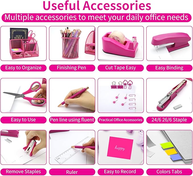 12 in 1 Hot Pink Desk Organizers and Accessories Set, Gifts for Coworkers Women, Office Supplies Stapler Pen Holder Tape Holder Staples Scissors Ruler Staple Remover