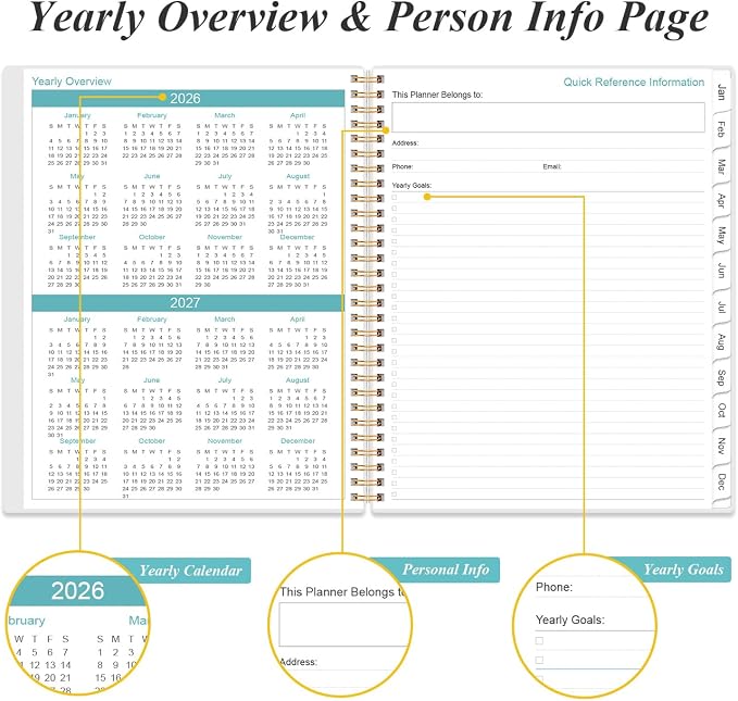 2026 Planner - Planner 2026 from January 2026 to December 2026 with 12 Monthly Tabs, Flexible Cover, Inner Pocket, 8.5" x 11", Rose Leaf
